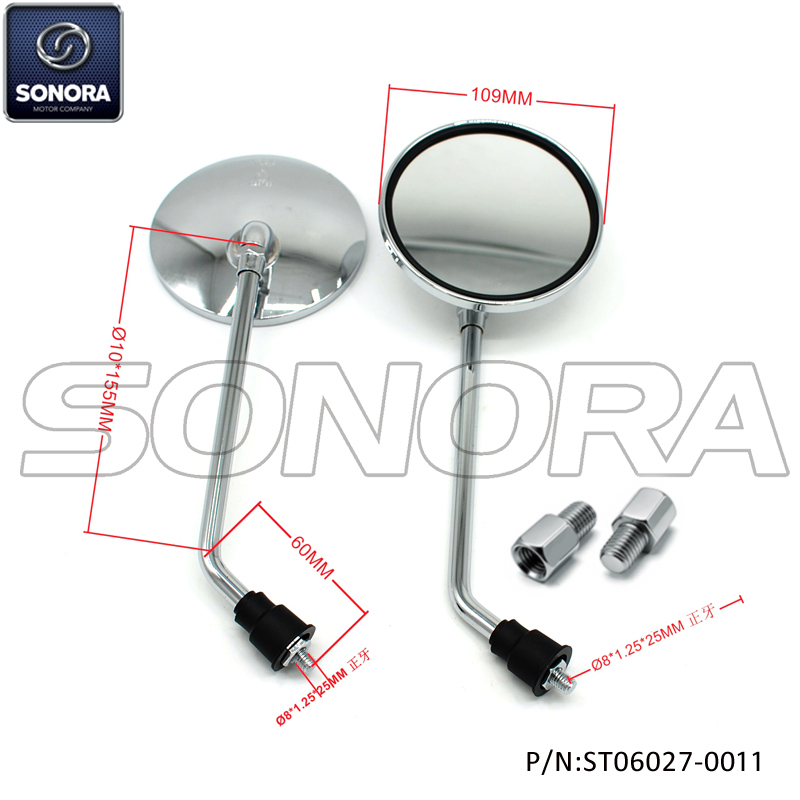Mirror Chrome M8 with M10 adaptor for Vespa (P/N:ST06027-0011) Top Quality